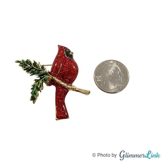 Beautiful Red Glitter Enamel Cardinal Bird Gold Tone Brooch Pin - Picture 4 of 6